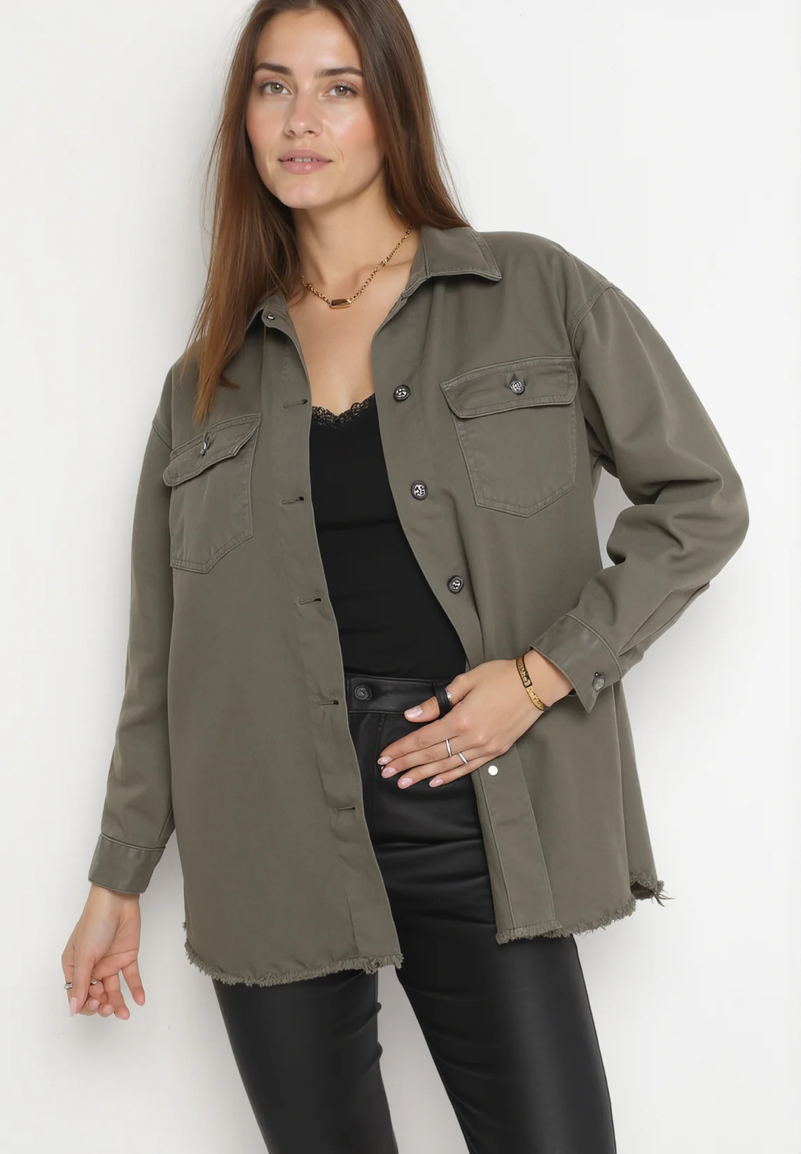 Chemise veste en jean en coton kaki - Image 3