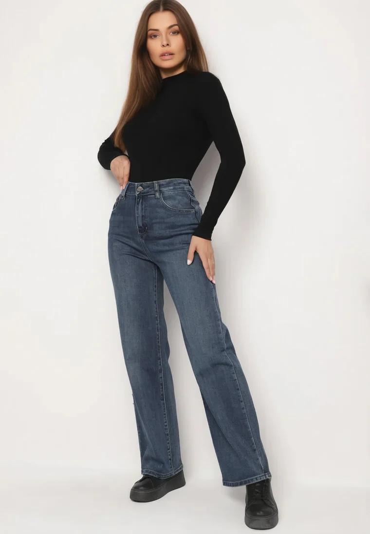 Jean coupe large bleu en coton et taille haute - Image 2
