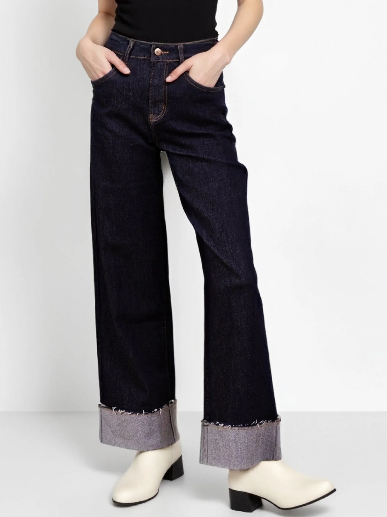 Jean large à revers en denim brut