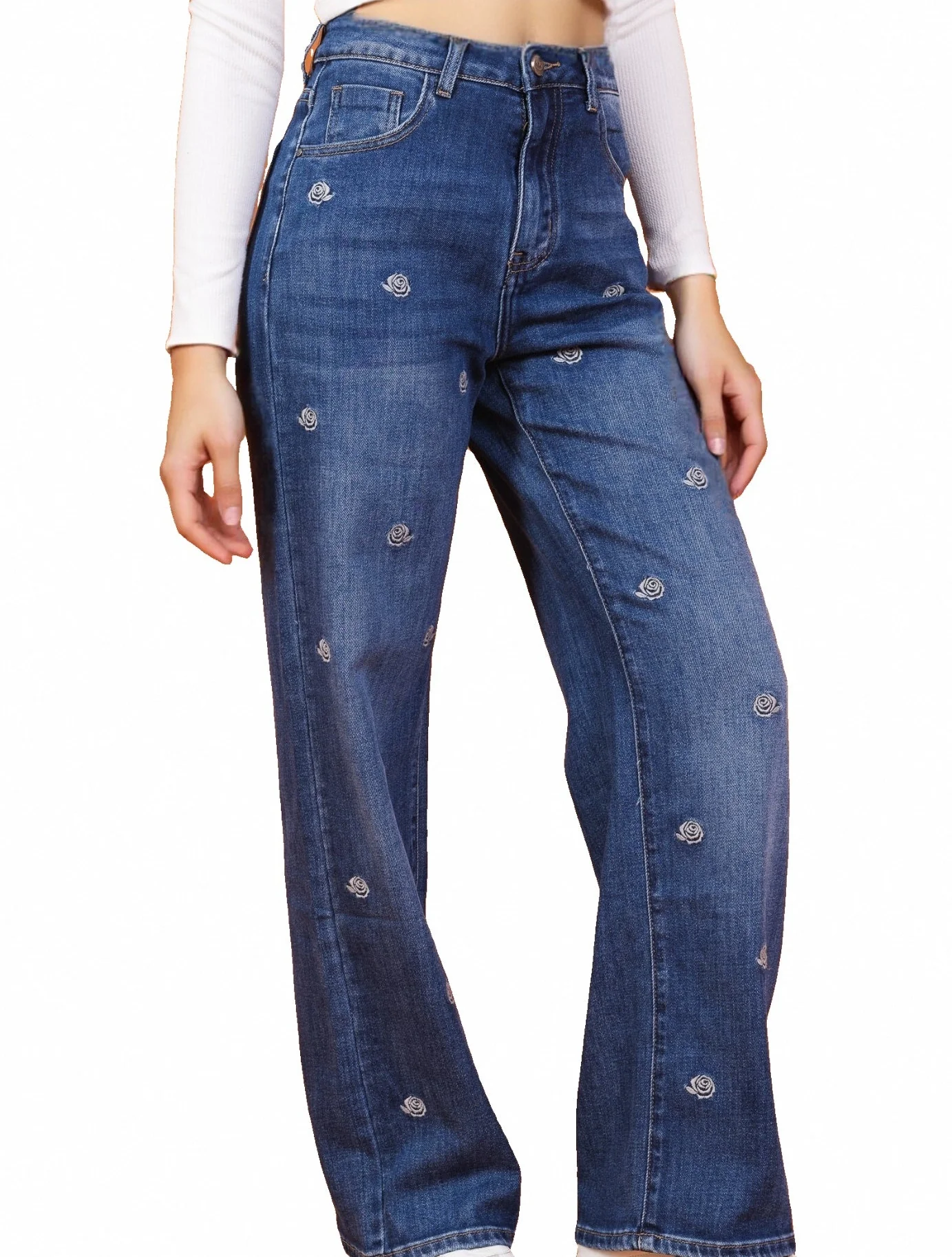 Jean Large Brodé Petit Rose – Élégance Décontractée - Image 2