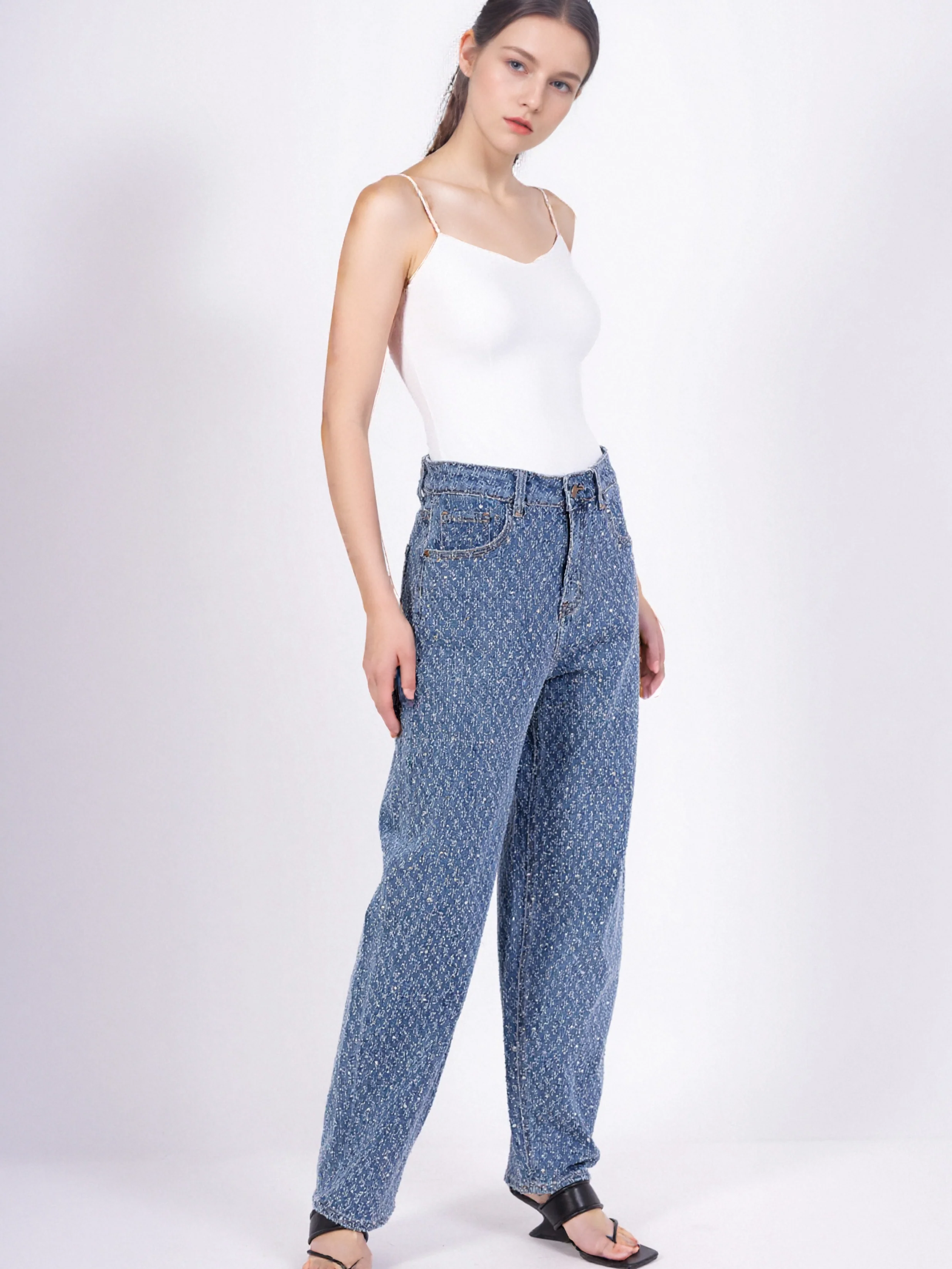Jean Large Taille Haute avec Strass Style Rétro