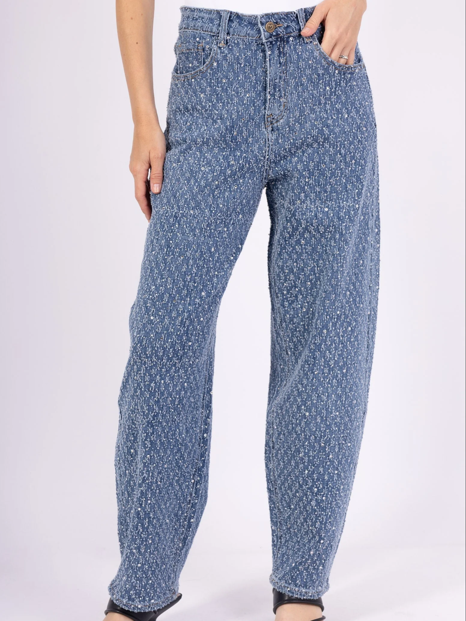 Jean Large Taille Haute avec Strass Style Rétro - Image 2