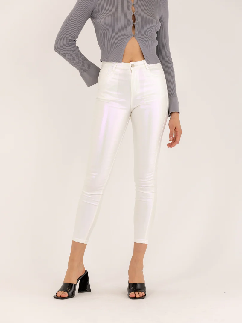 Jean skinny blanc métallisé effet brillant - Image 2