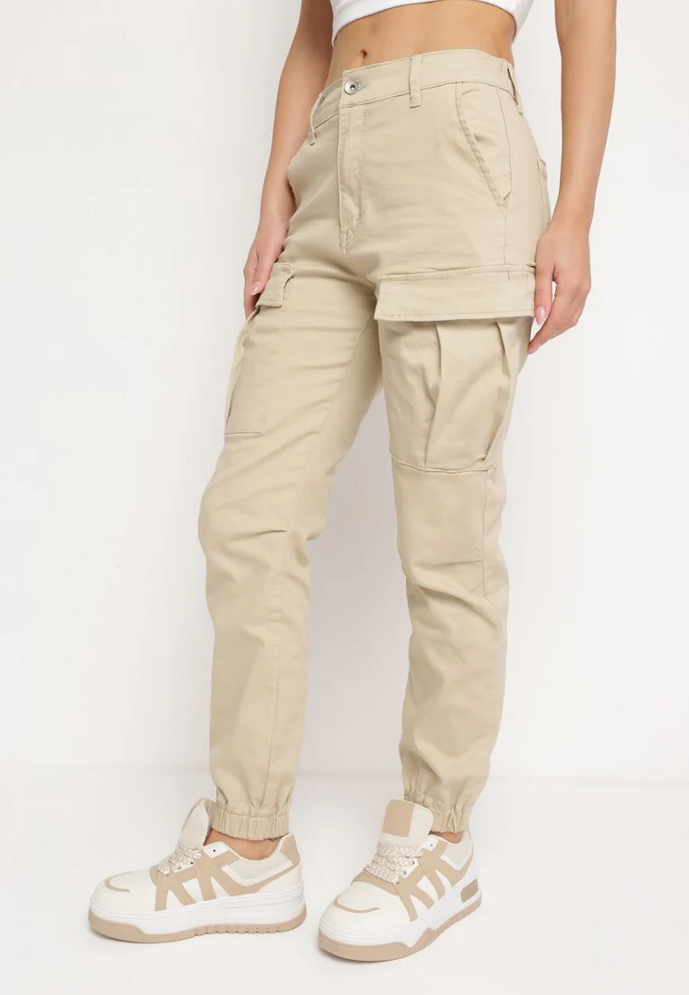 Jogging cargo en coton beige avec taille élastique - Image 3