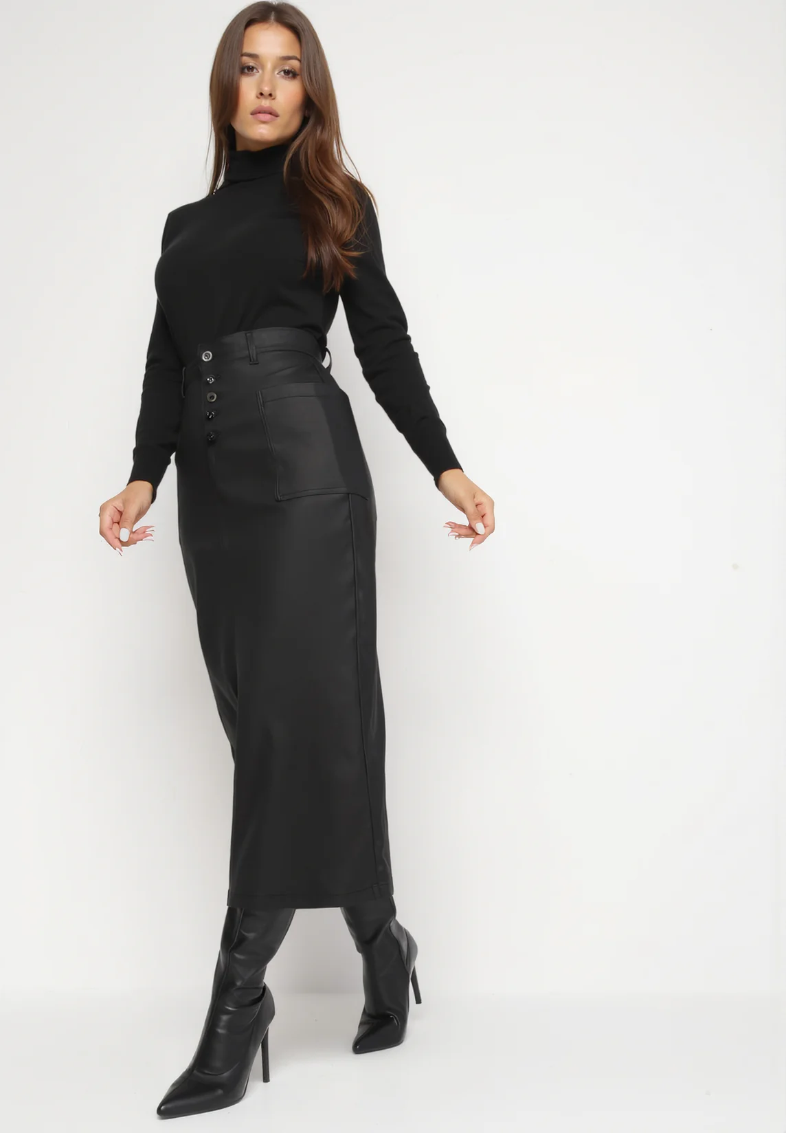 Jupe crayon midi en similicuir noire