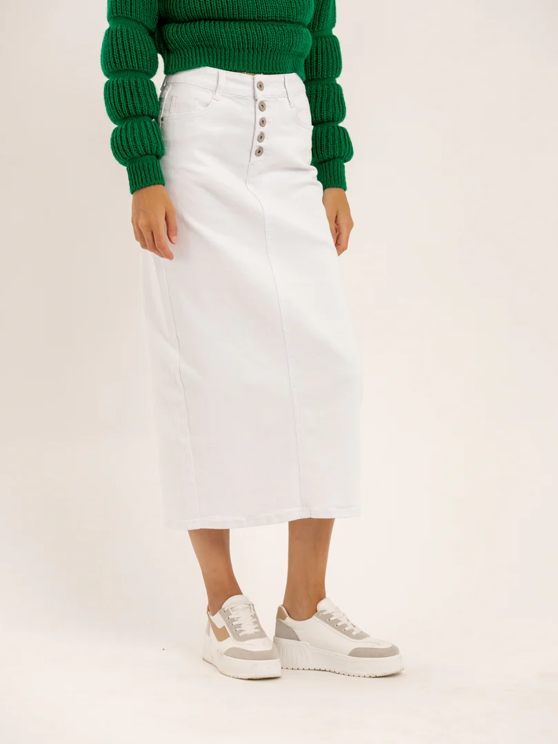 Jupe midi en jean blanc fendue derrière - Image 3