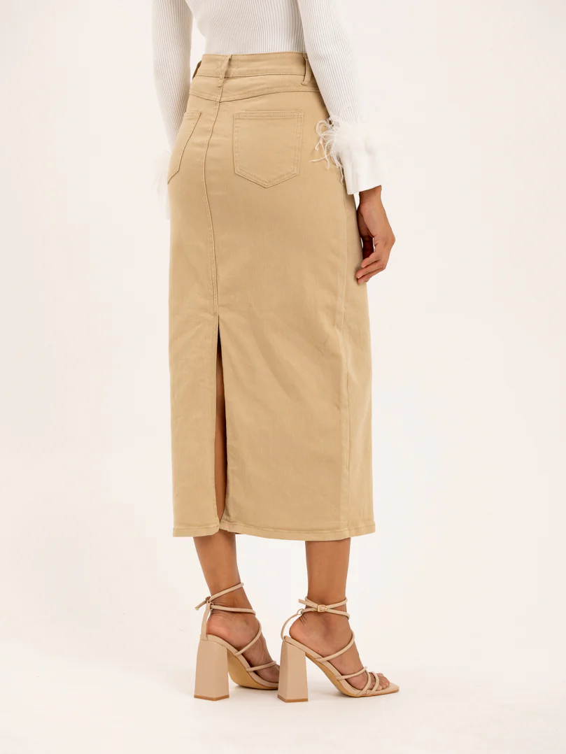 Jupe midi en jean beige fendue derrière - Image 5