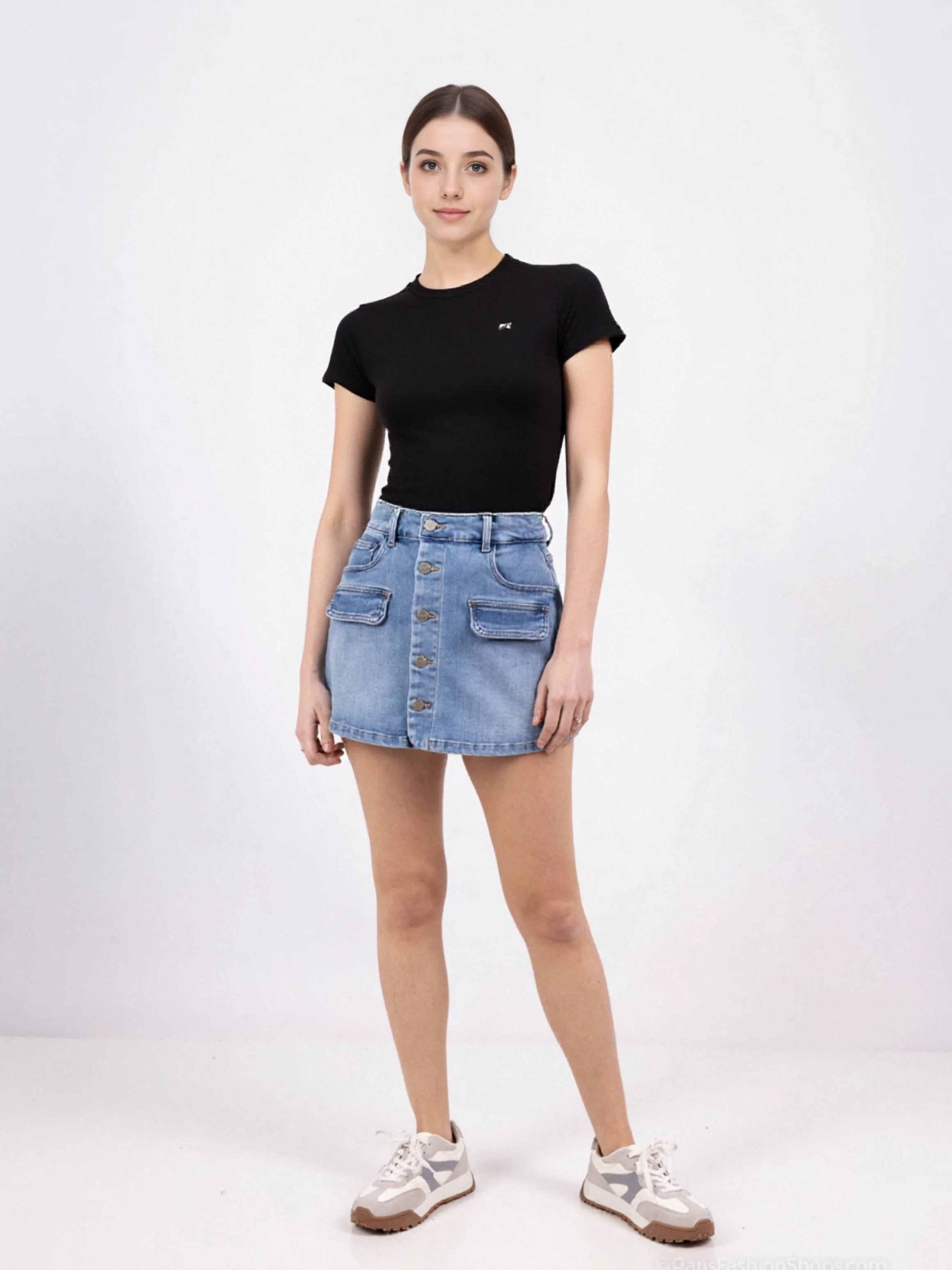 Jupe-Short en Jean Délavé à Fermeture Boutonnée