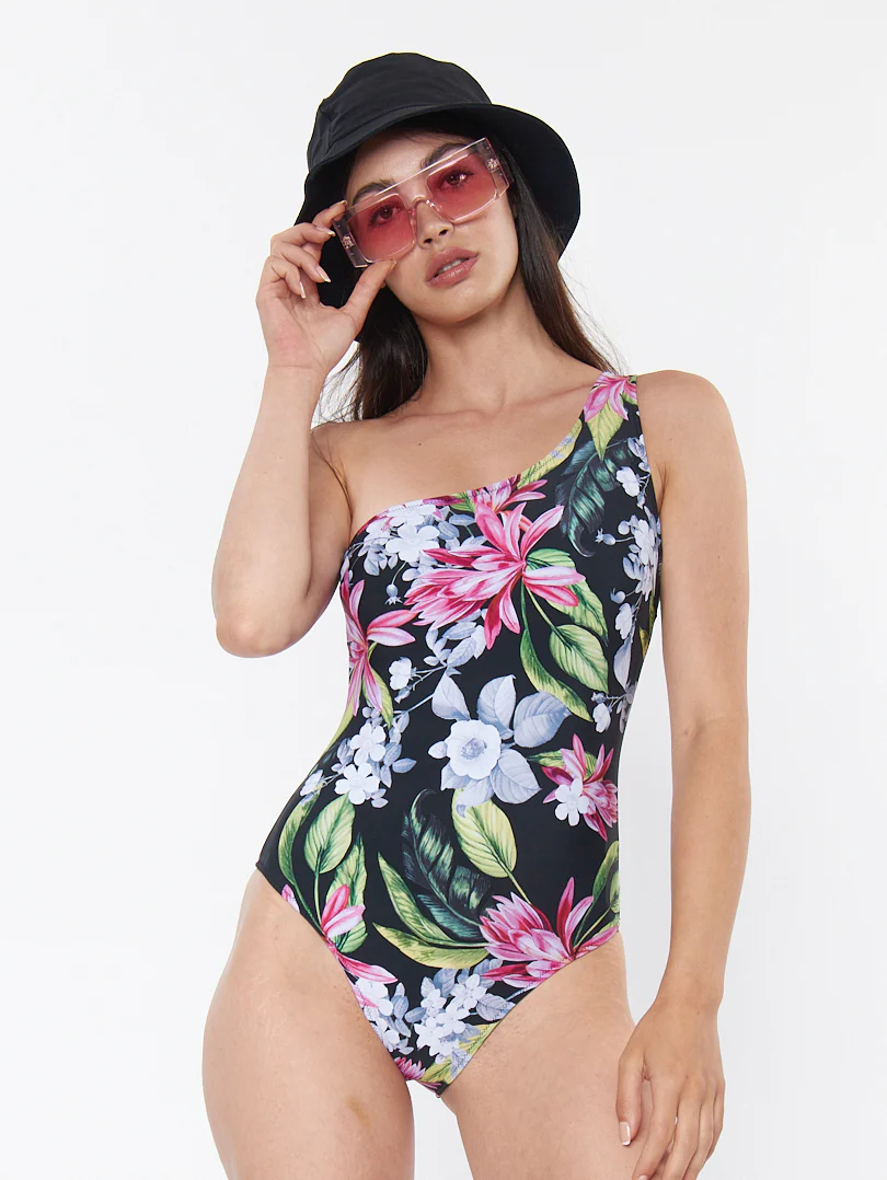 Maillot de bain 1 pièce asymétrique motifs floraux