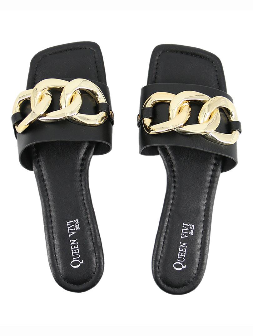 Mules en simili cuir à chaine doré - Image 7