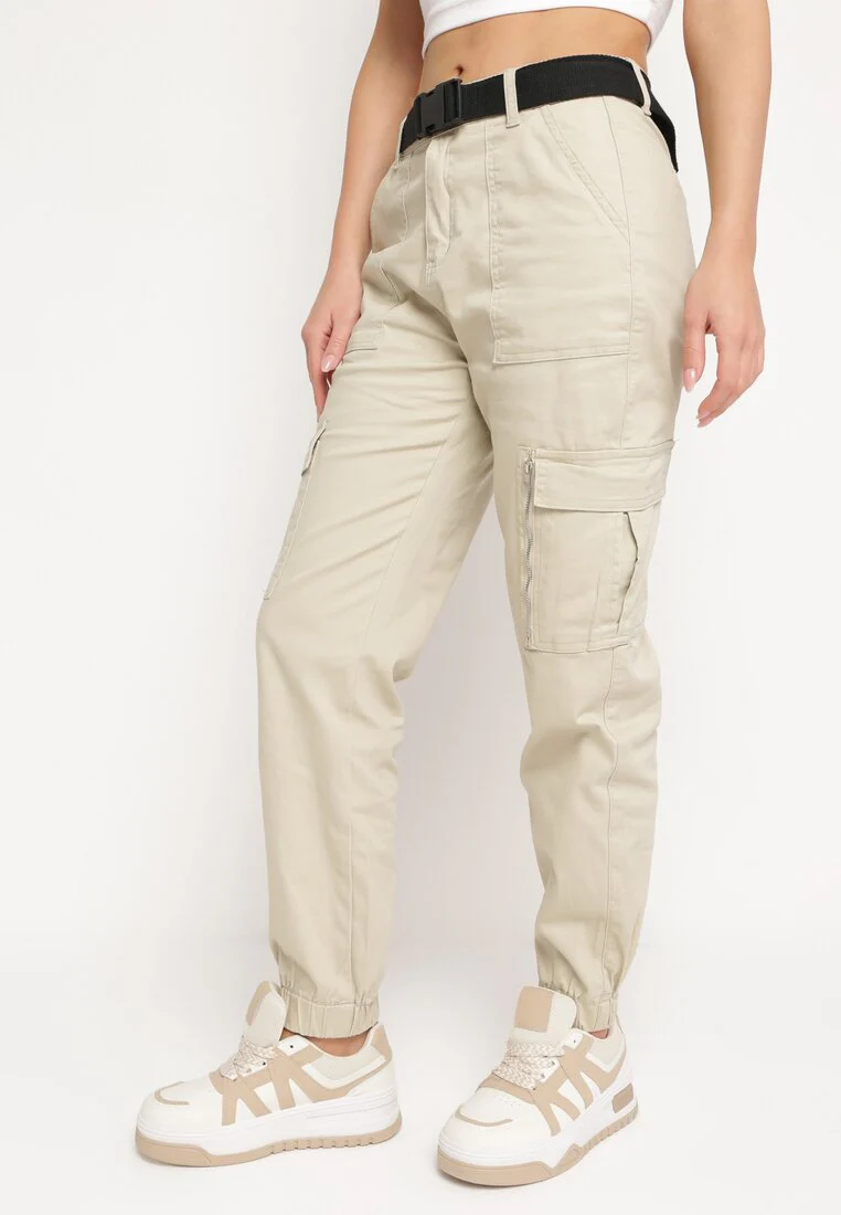 Pantalon cargo en coton beige avec ceinture - Image 3