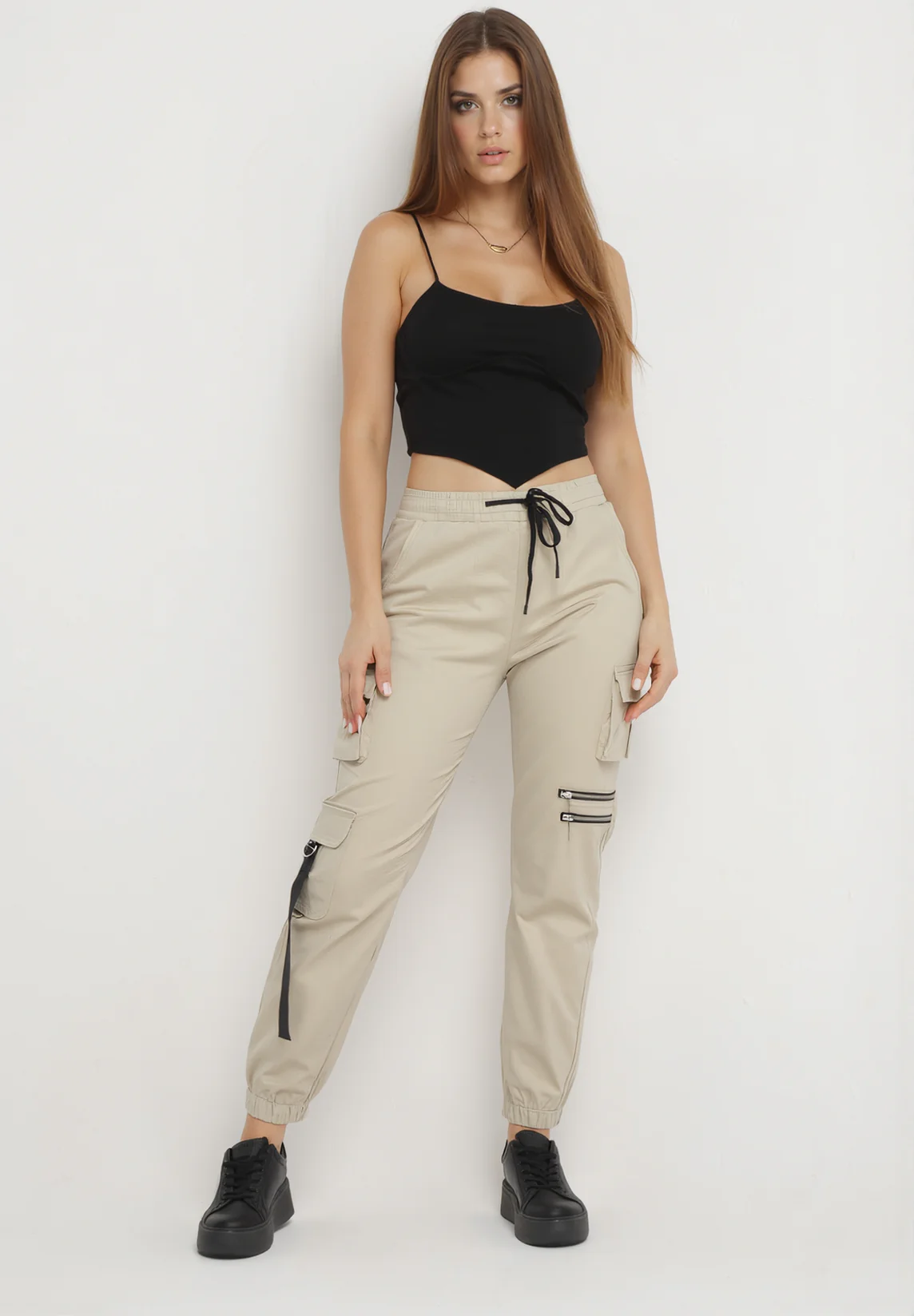 Pantalon cargo taille haute beige - Image 2