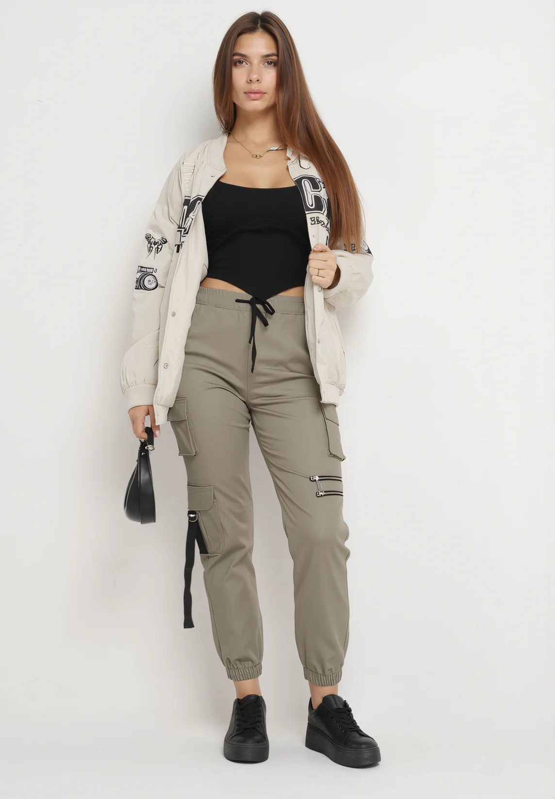 Pantalon cargo taille haute vert