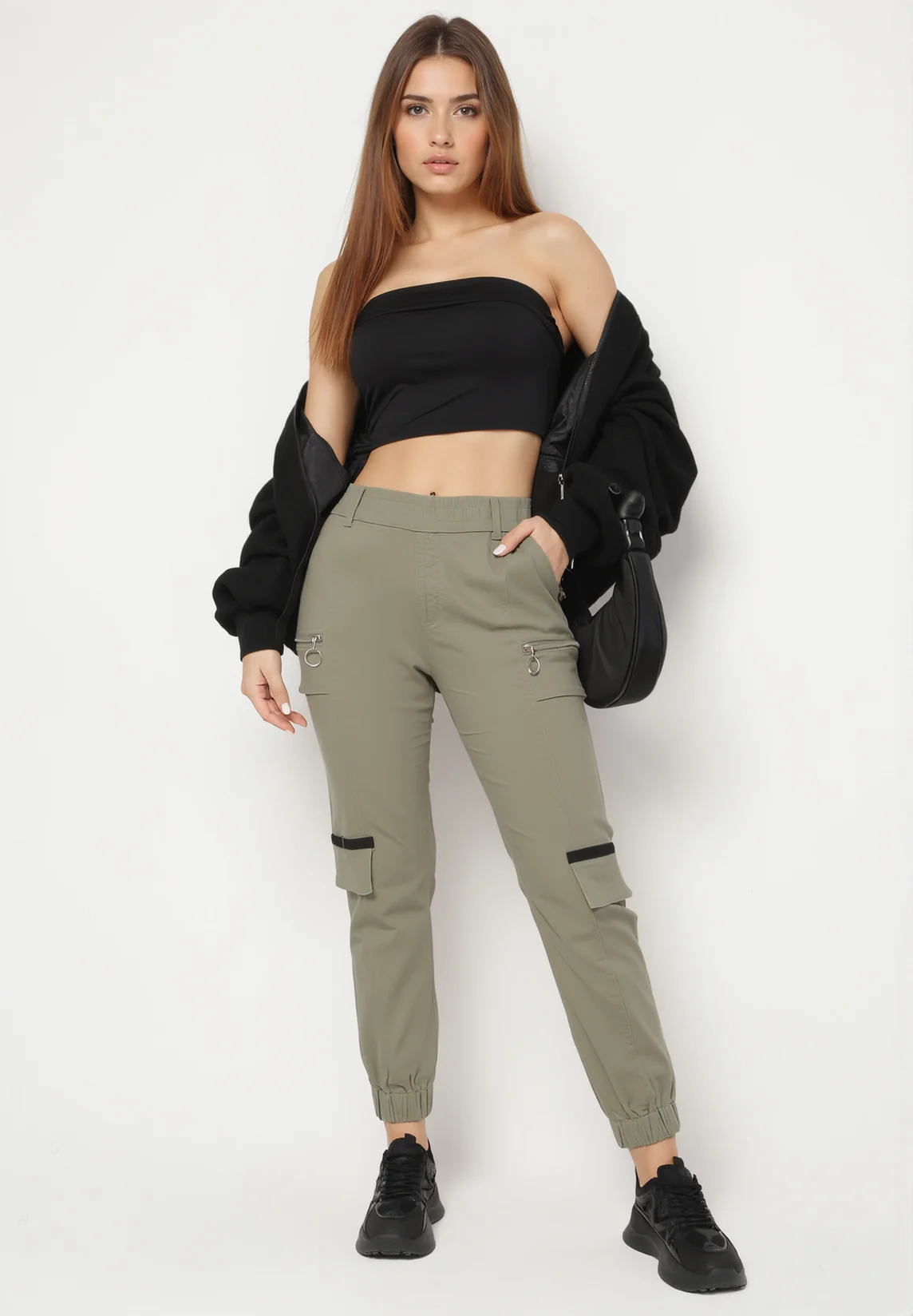 Pantalon de cargo kaki en coton avec taille élastique - Image 2