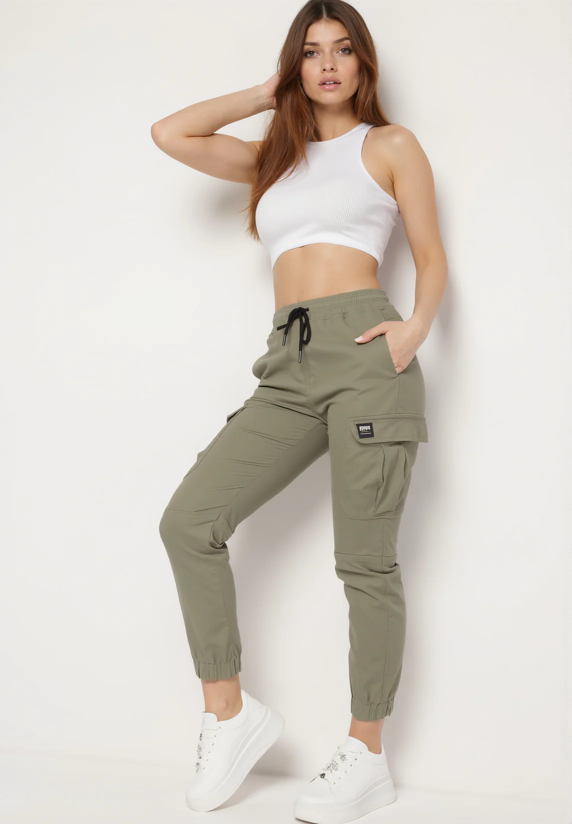 Pantalon de combat en coton kaki avec cordon de serrage - Image 2