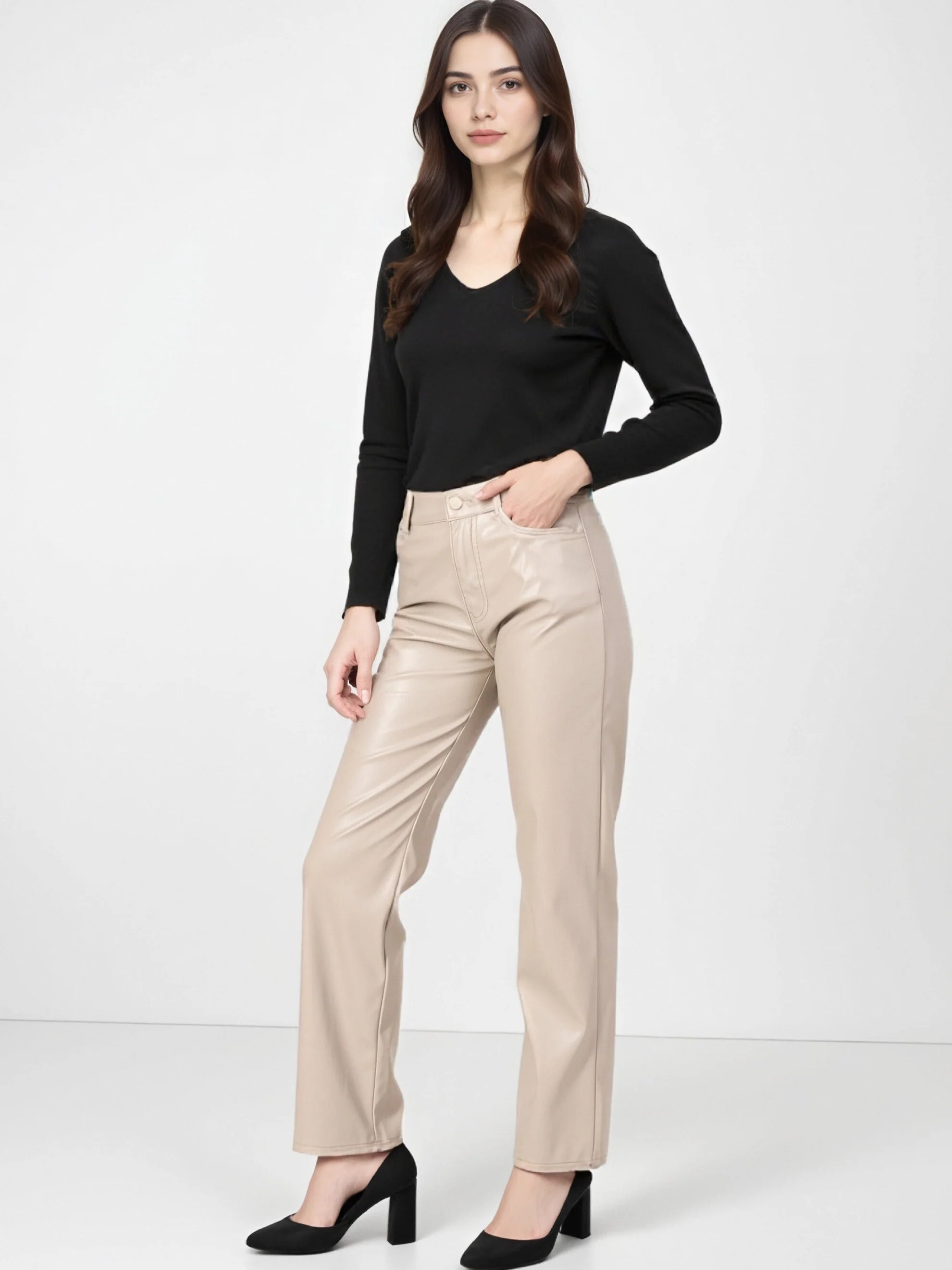 Pantalon Droit en Simili Cuir Brillant