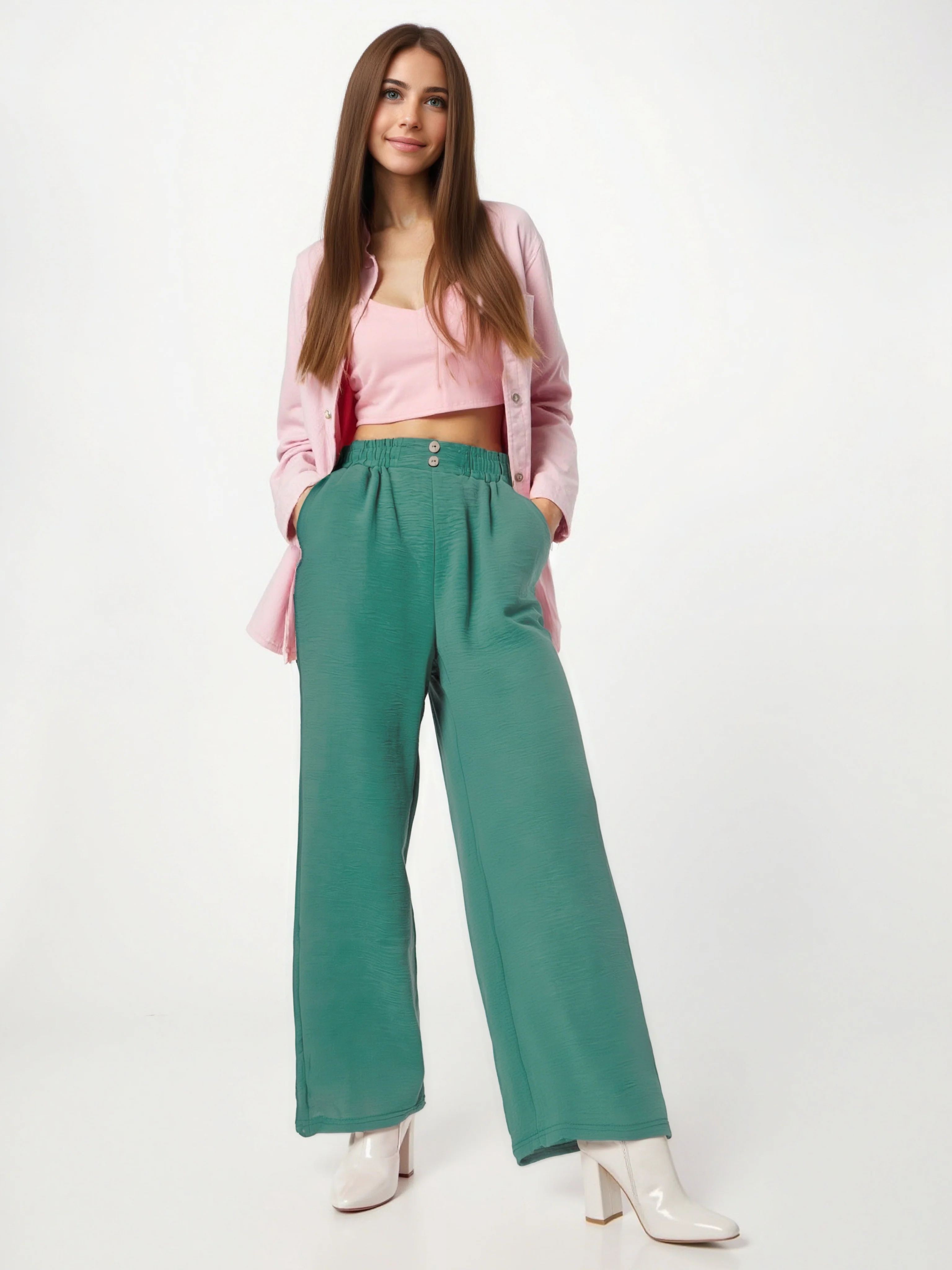 Pantalon fluide en tissu gaufré avec boutons décoratifs à l'avant