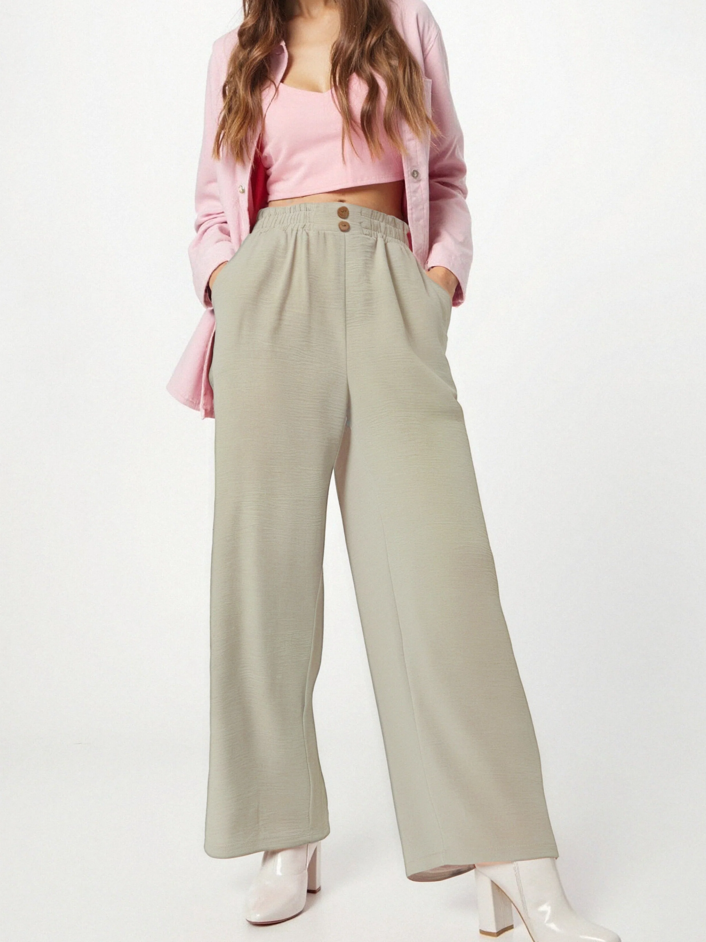 Pantalon fluide en tissu gaufré avec boutons décoratifs à l'avant - Image 3