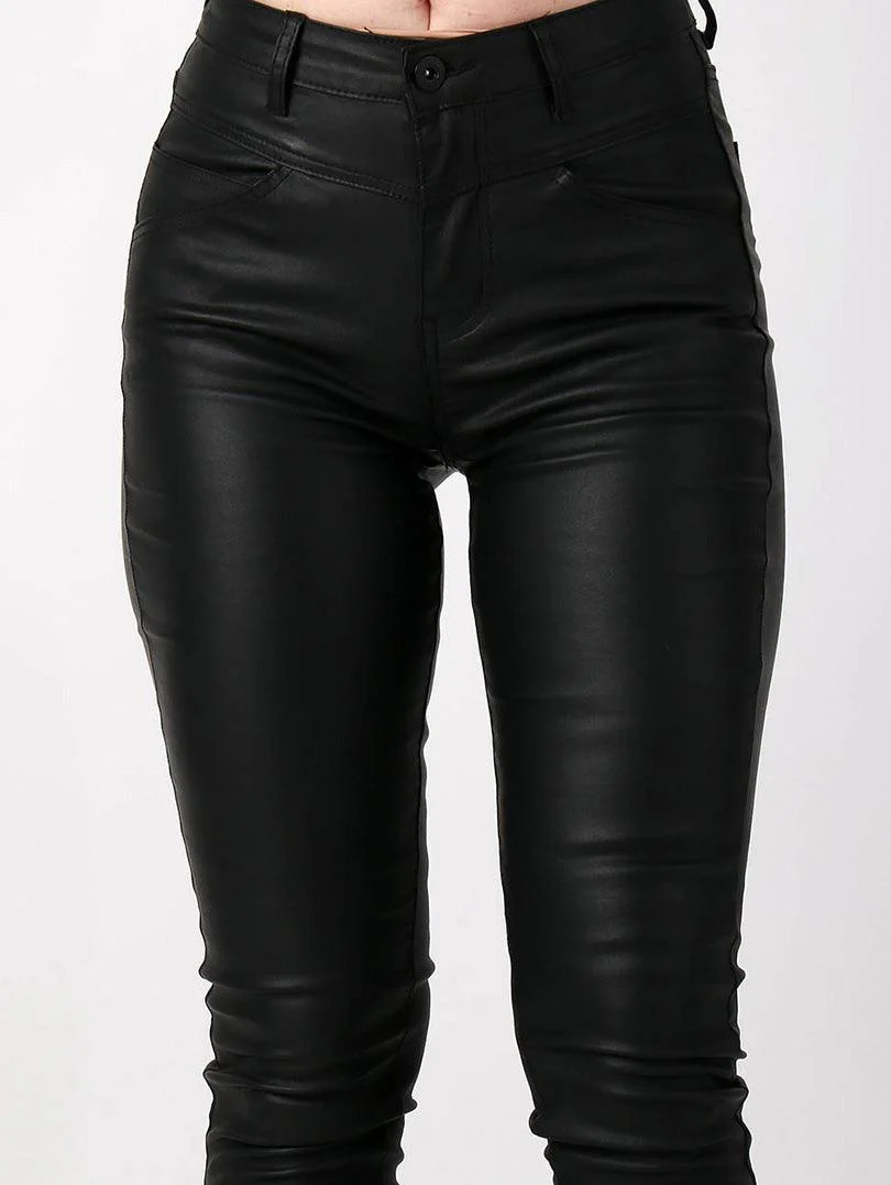 Pantalon noir en simili cuir avec bouton et fermeture éclair - Image 2