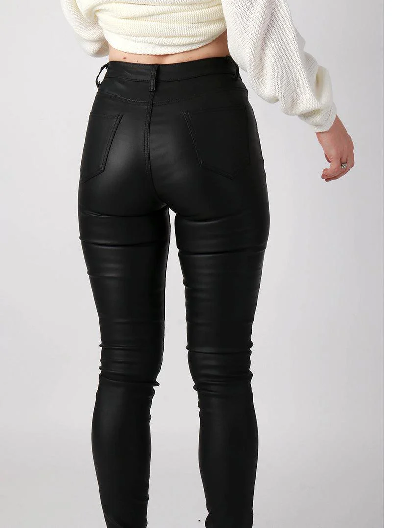 Pantalon noir en simili cuir avec bouton et fermeture éclair - Image 4