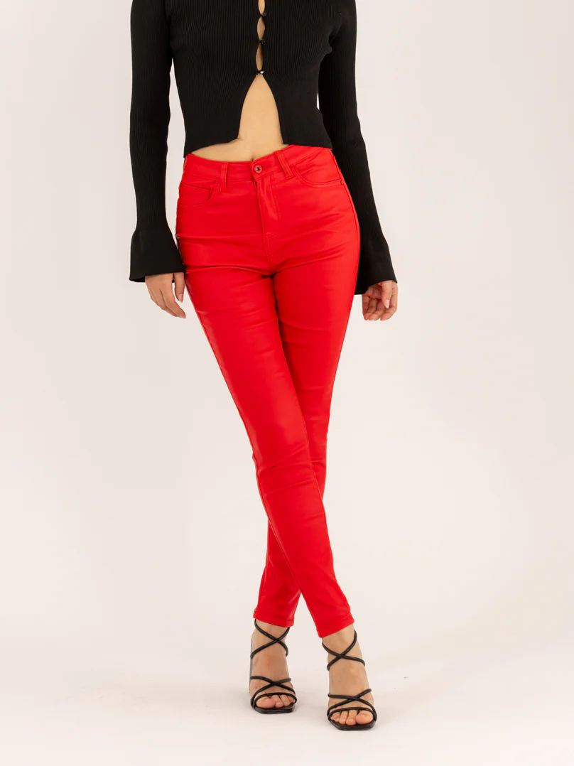 Pantalon skinny rouge taille haute à bouton effet cuir - Image 2