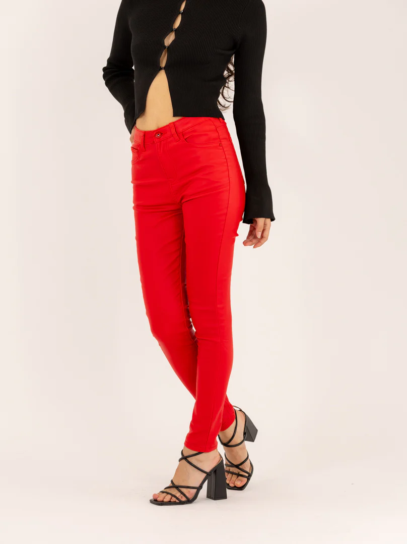 Pantalon skinny rouge taille haute à bouton effet cuir - Image 3