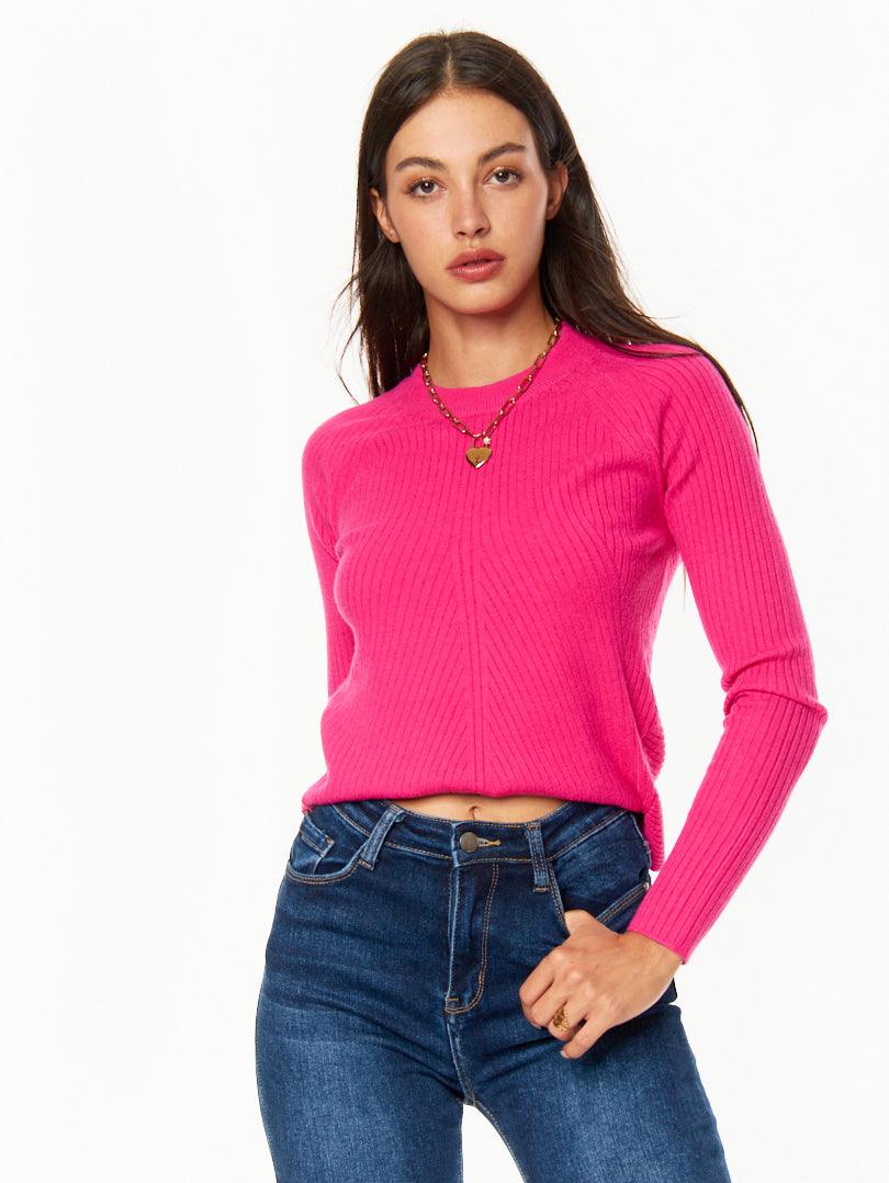 Pull côtelé graphique Rose fuschia