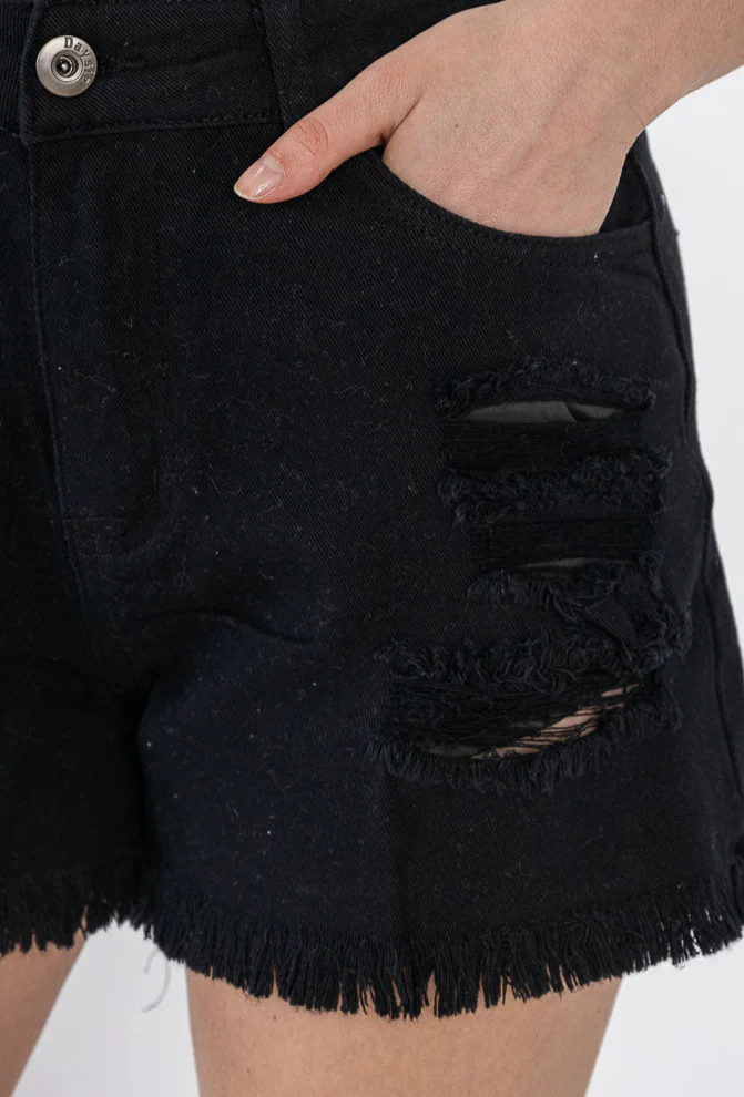 Short en jean noir ourlet effiloché et déchiré - Image 4