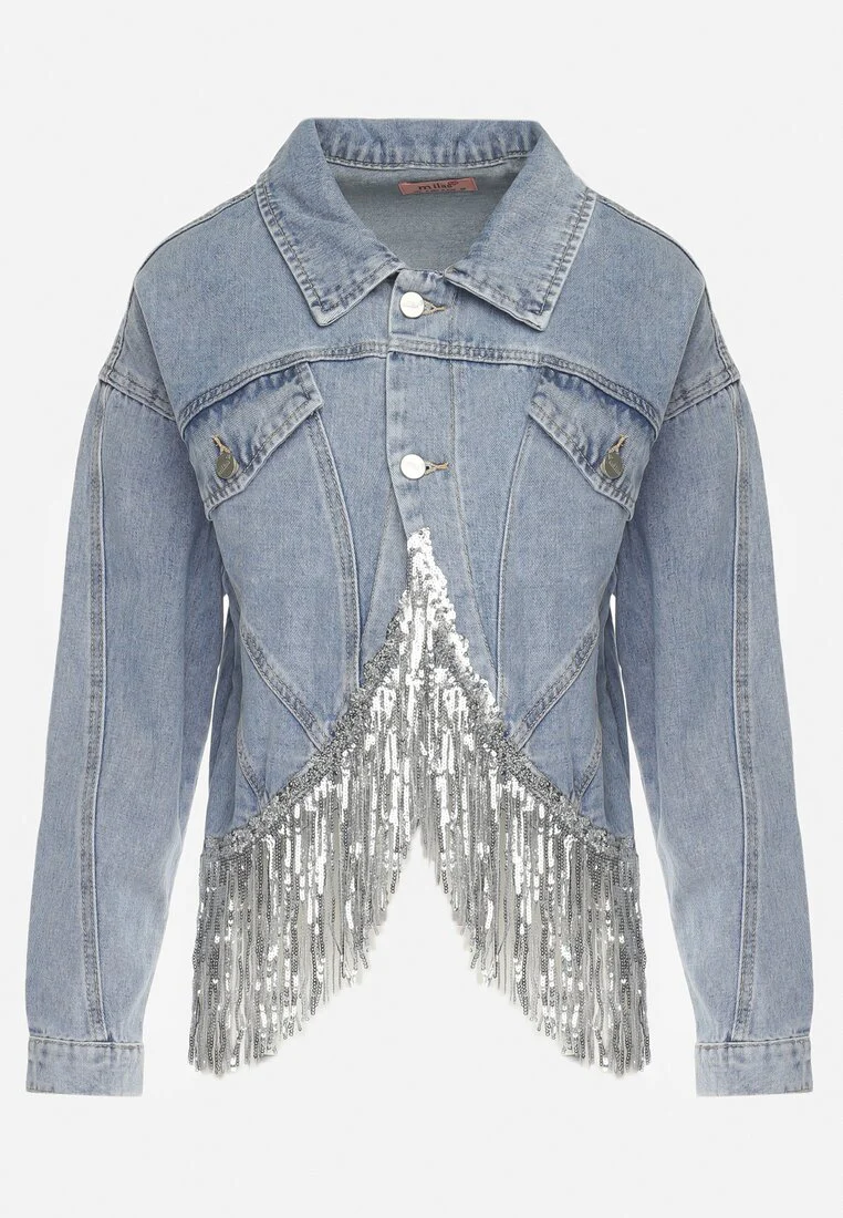 Veste en jean bleu avec franges décoratives et paillettes - Image 5