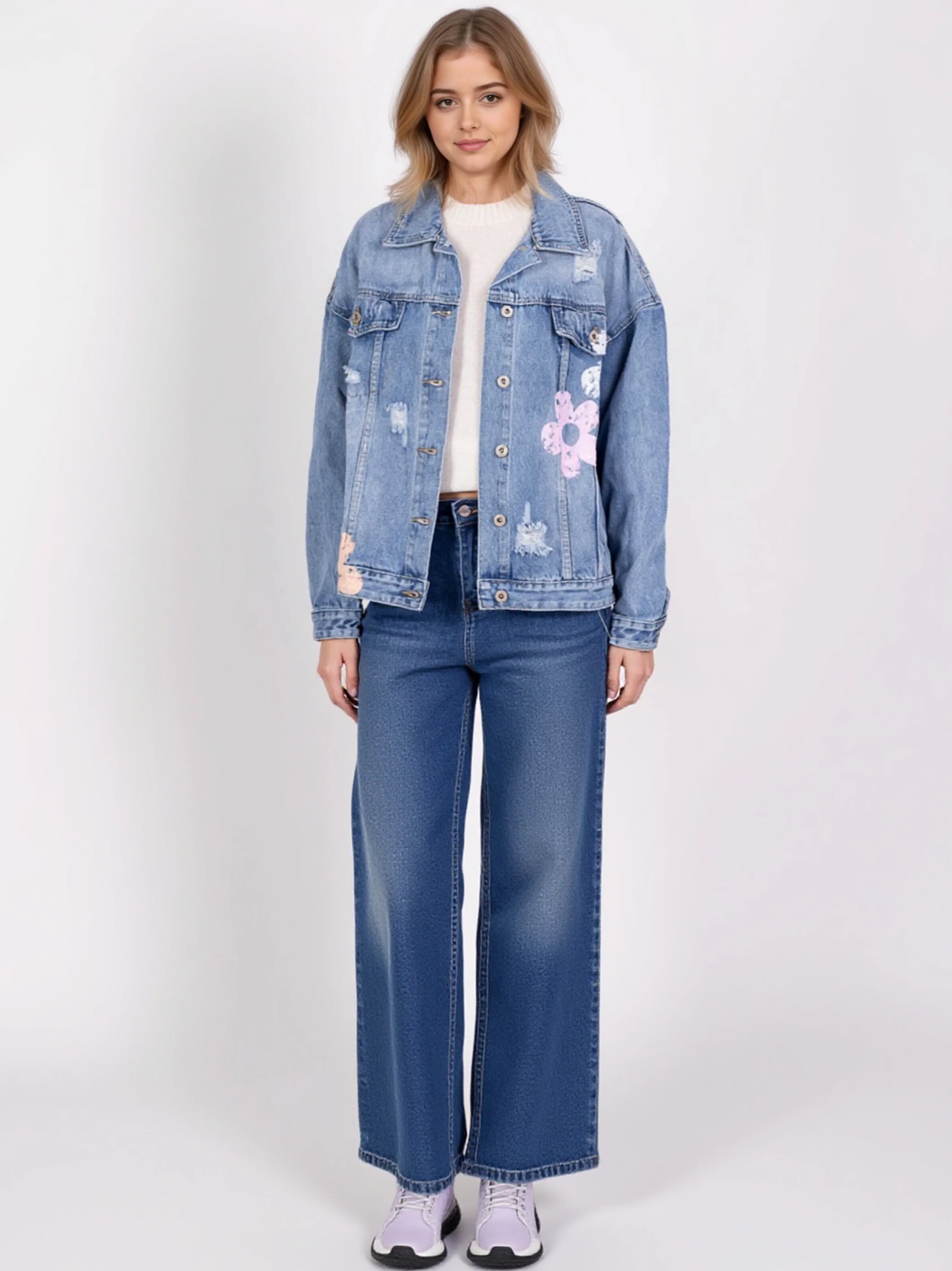 Veste en jean imprimé fleuri