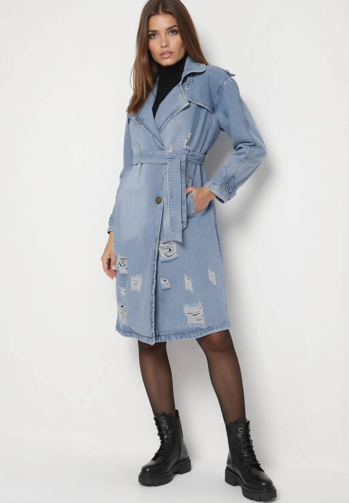 Veste en jean longue avec ceinture à nouer