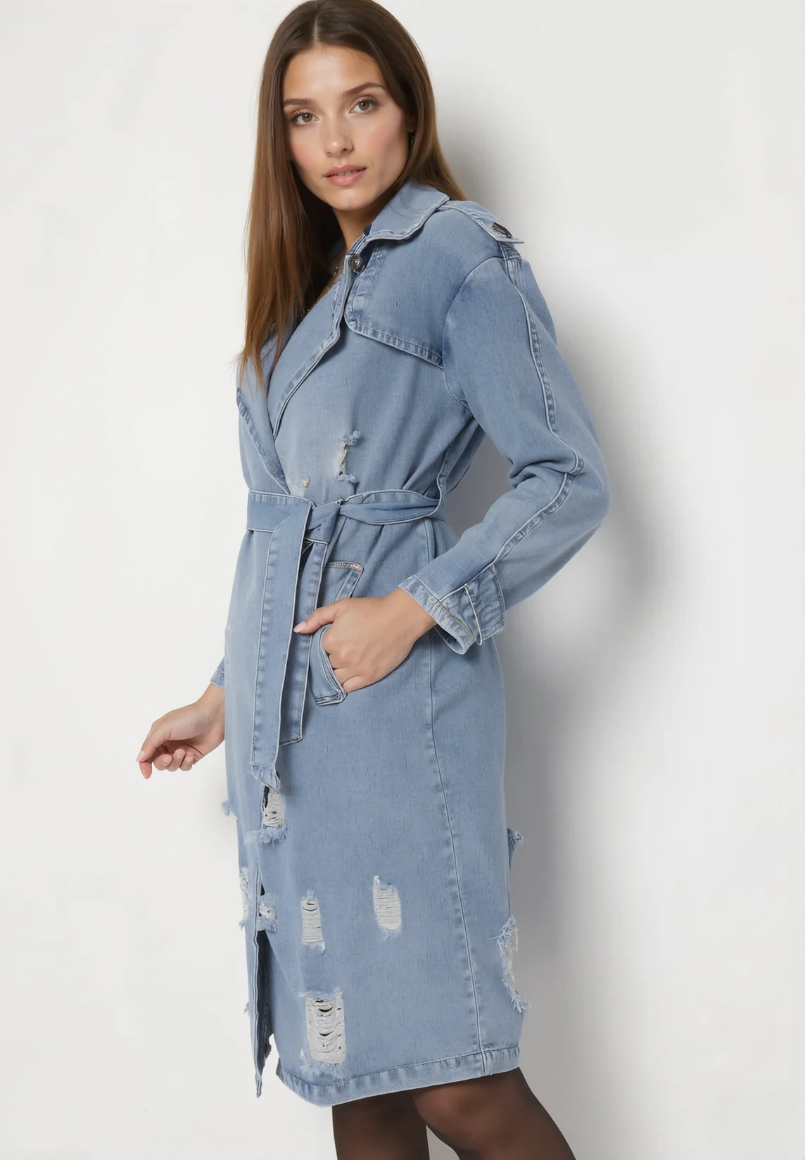 Veste en jean longue avec ceinture à nouer - Image 2