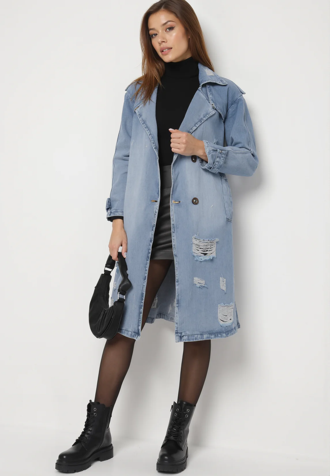 Veste en jean longue avec ceinture à nouer - Image 3