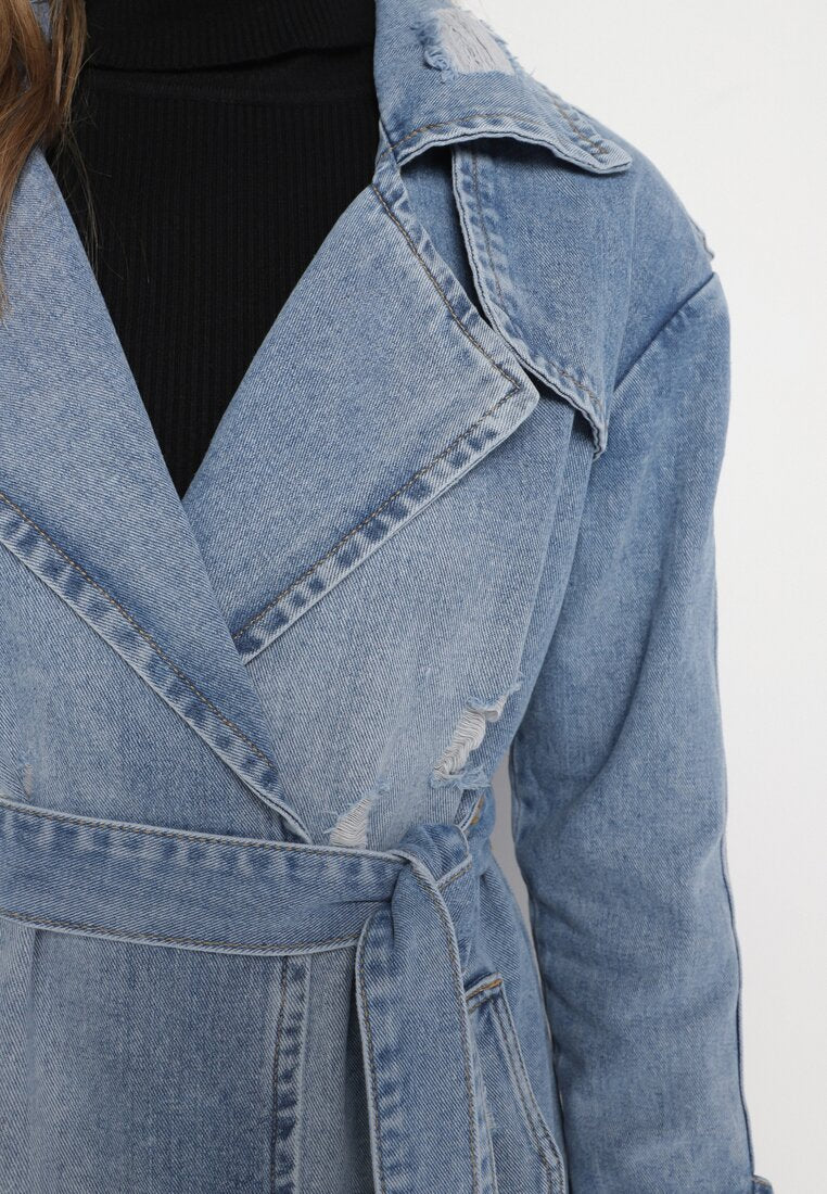 Veste en jean longue avec ceinture à nouer - Image 5