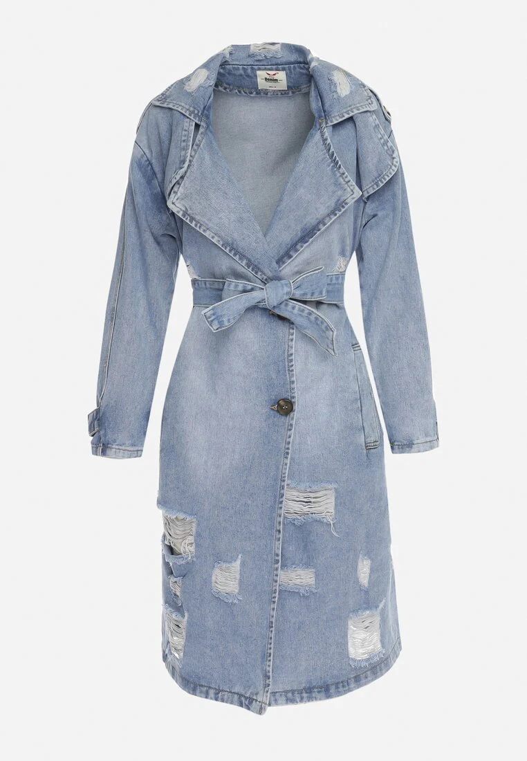 Veste en jean longue avec ceinture à nouer - Image 6
