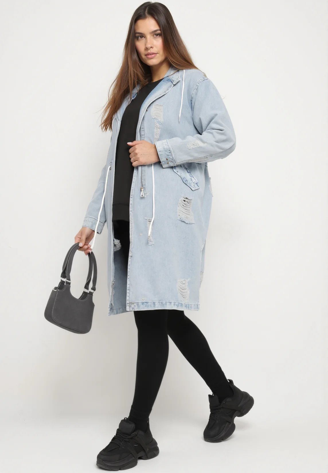 Veste longue à capuche en denim destroy - Image 3